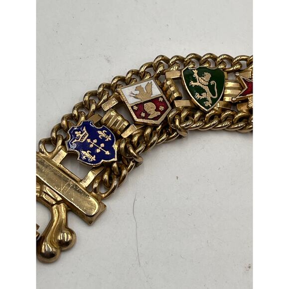Vintage Gold Tone Red Blue Yellow Enamel Five Family Crest Shield Bracelet - Picture 3 of 10